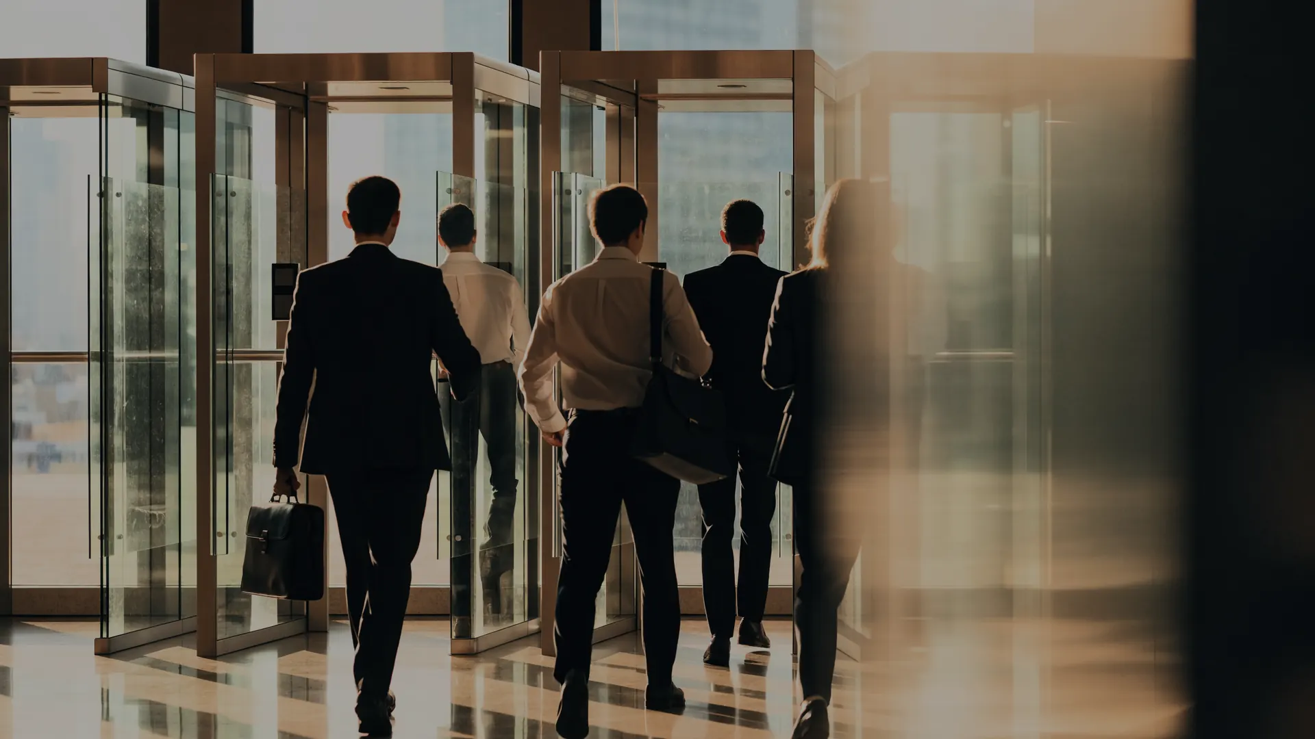 Empleados entrando por los torniquetes de acceso de una oficina, de espaldas