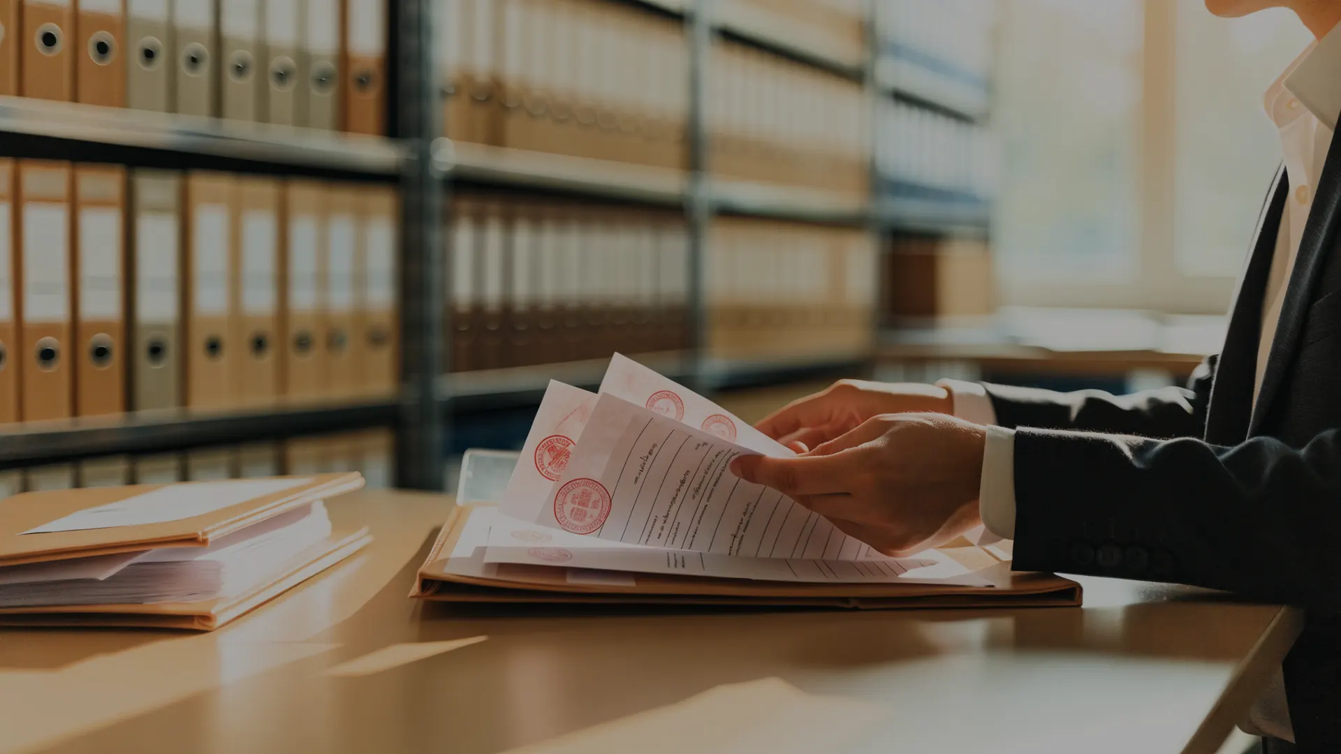 Documentos oficiales sellados archivándose en carpetas etiquetadas